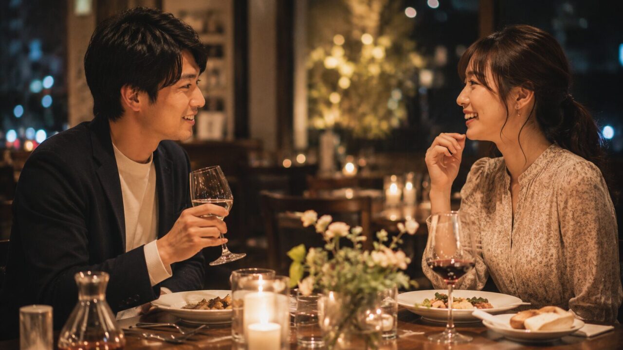 食事デート中に楽しく会話する男女のイメージ