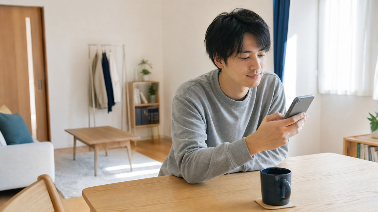 初デート翌朝に落ち着いてスマートフォンの返信を確認する成人男性