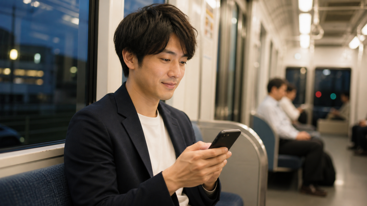 初デートの帰り道に電車内でお礼のメッセージを作る成人男性