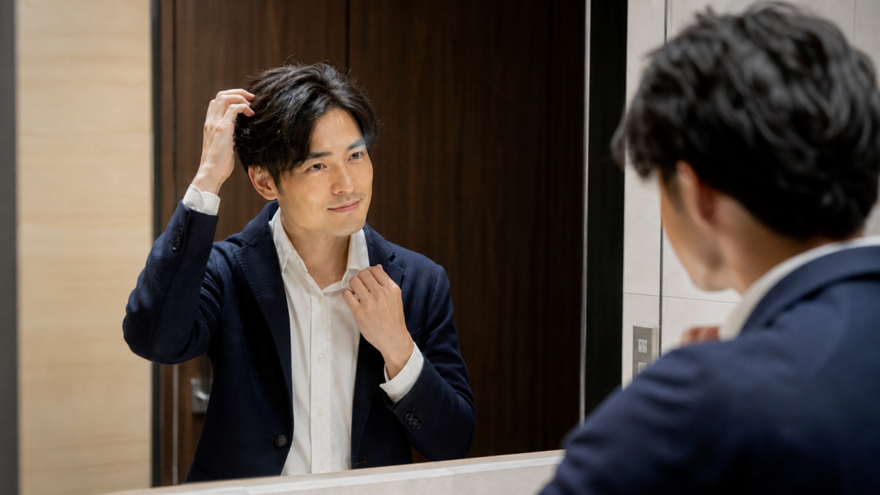 待ち合わせ前に鏡で身だしなみを確認する成人男性