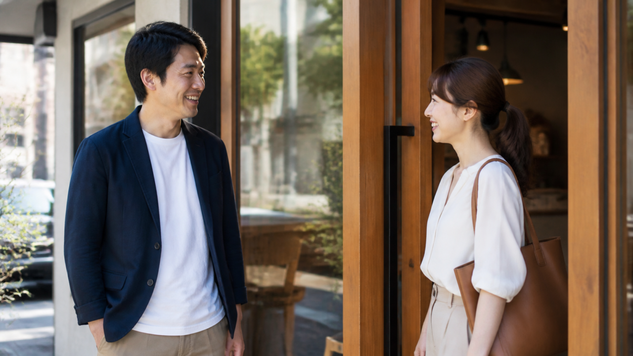 カフェの入口で笑顔で挨拶する成人男女