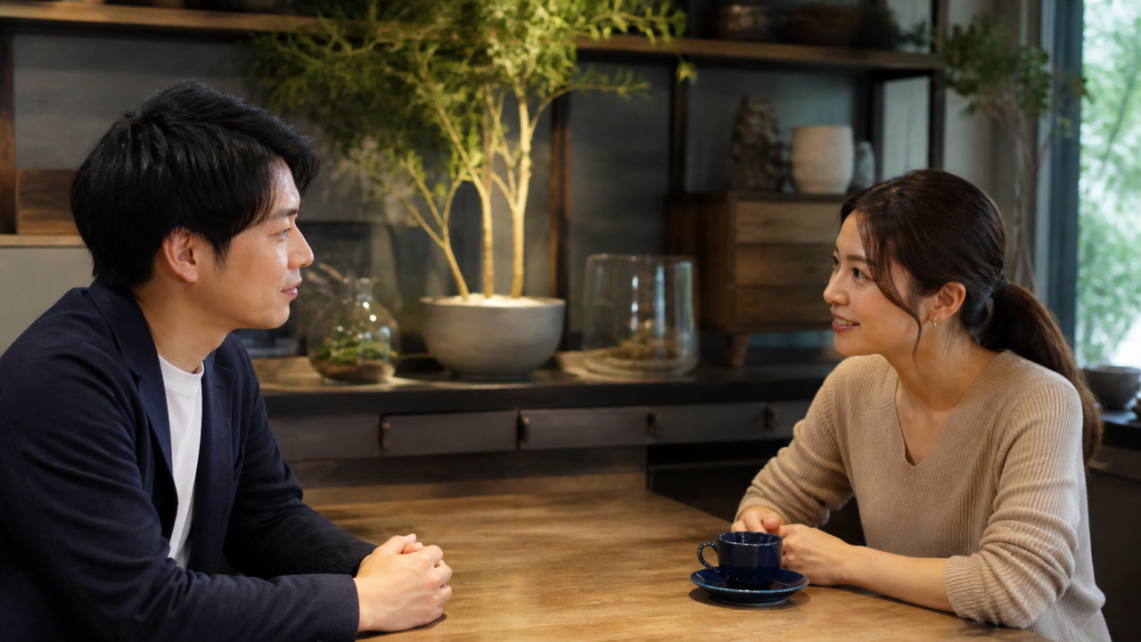 カフェで相手の話を穏やかに聞く成人男性