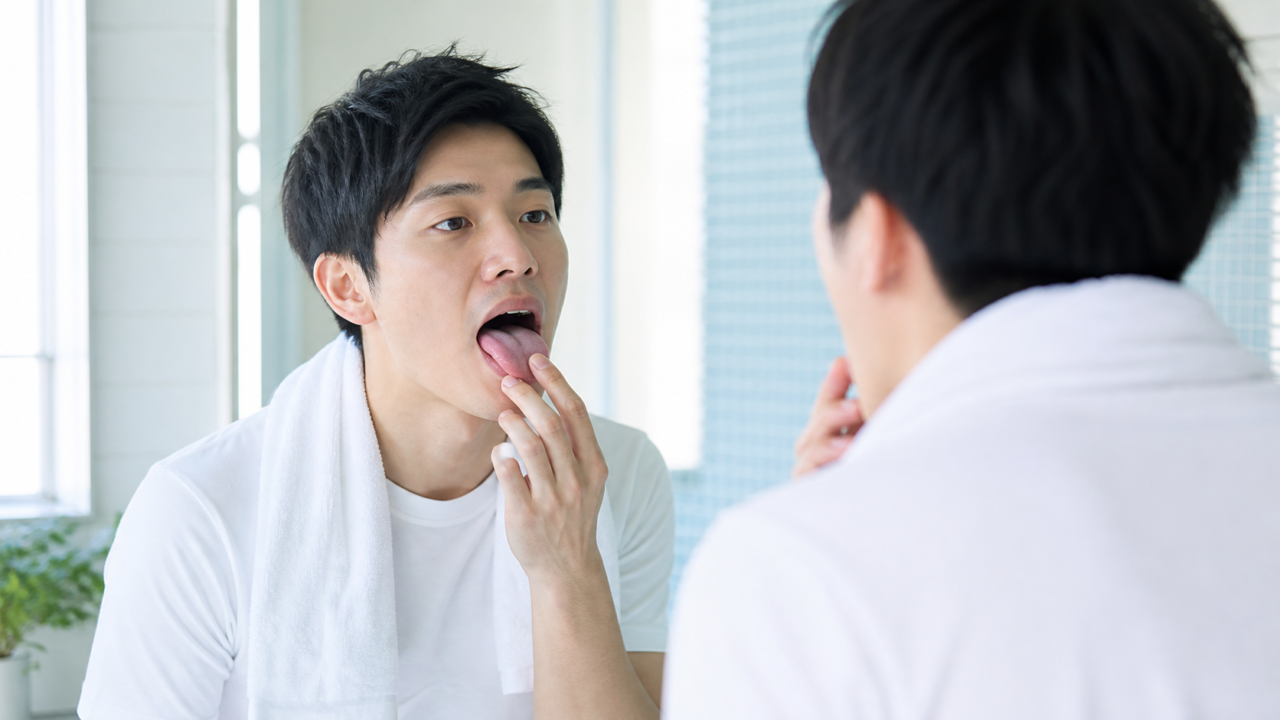 洗面台の鏡の前で口元と舌の状態を確認する成人男性