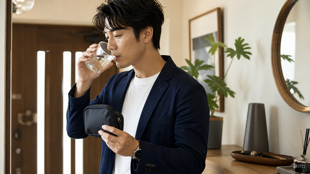 デート前に水を飲みながら口臭ケア用品を確認する成人男性
