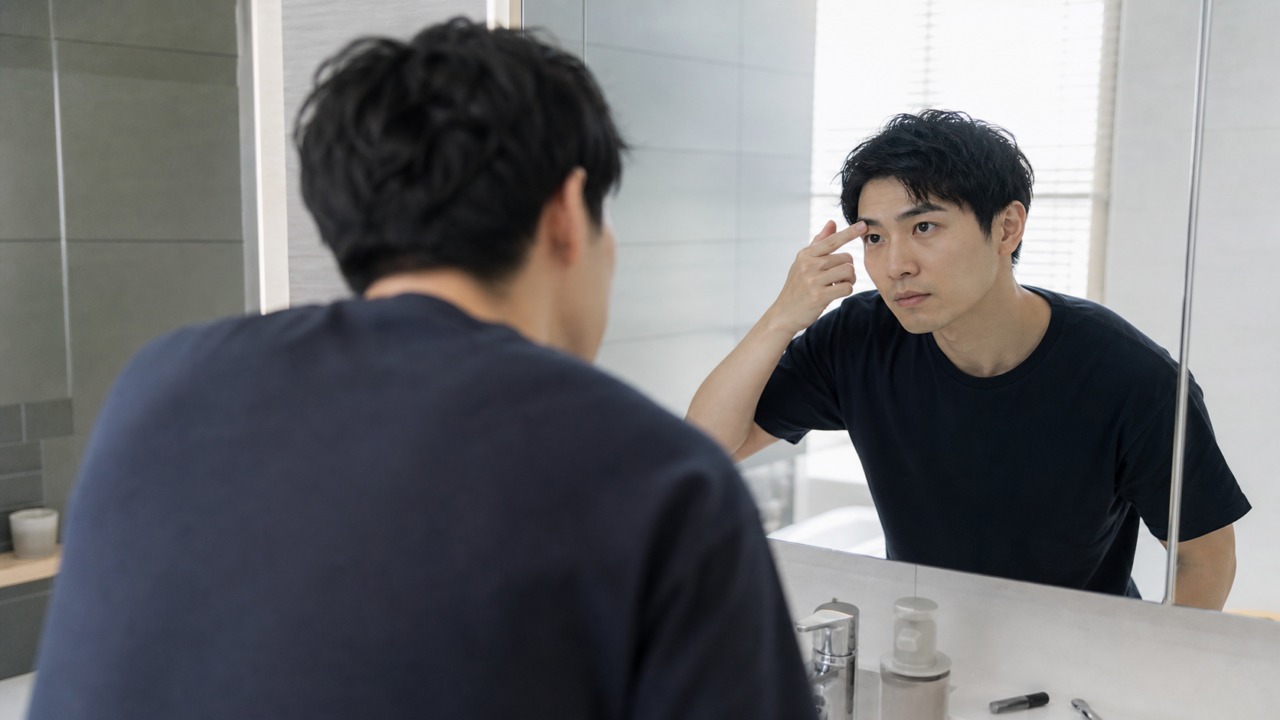 明るい洗面台で眉毛の形を鏡で確認する成人男性