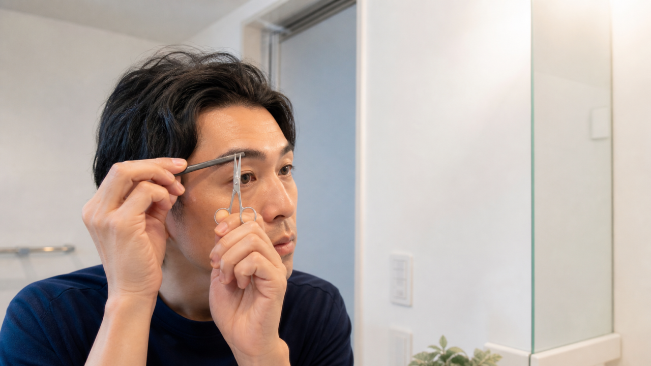 眉用コームとハサミで長い眉毛を慎重に整える成人男性