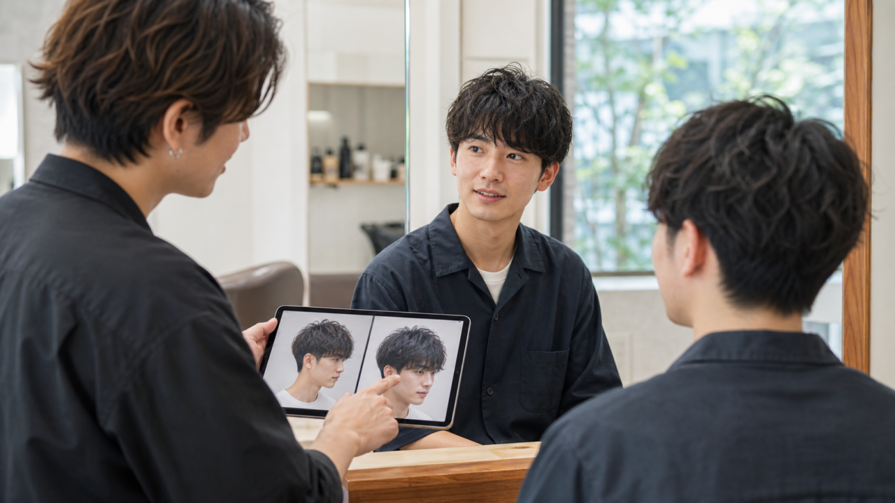 美容室で希望の髪型を美容師に相談する成人男性