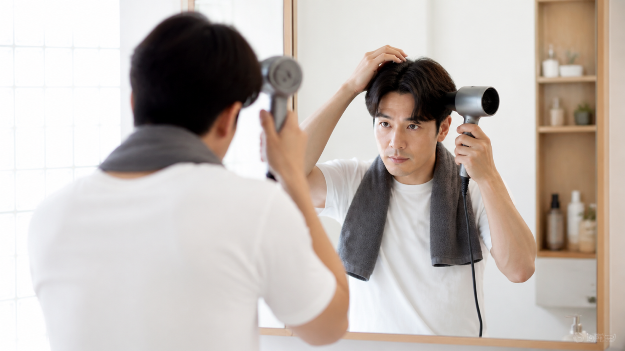 鏡の前でドライヤーを使って髪型を整える成人男性