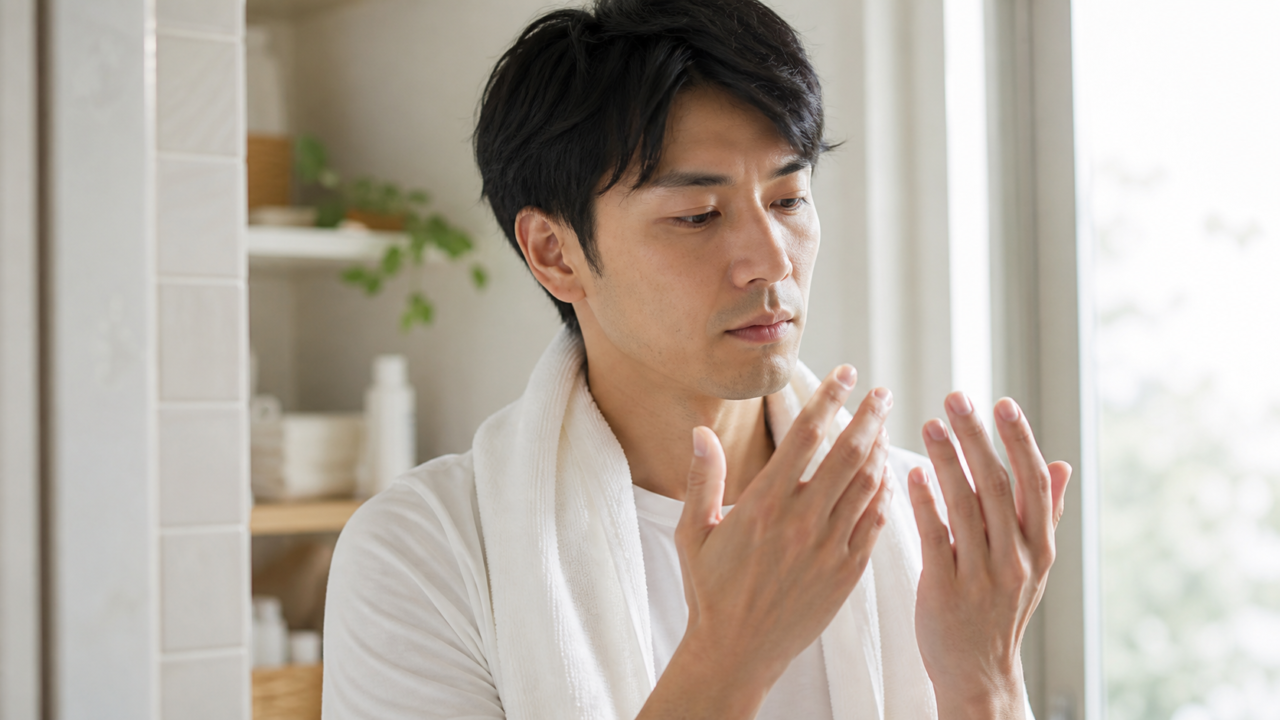 明るい洗面台で手と爪の状態を確認する成人男性