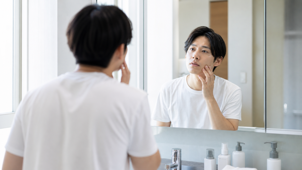 洗面台の鏡で肌の状態を確認する成人男性