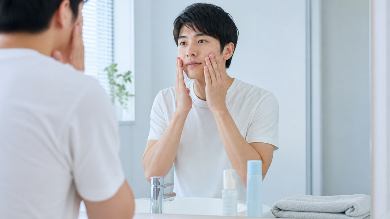 洗顔後に保湿剤を顔へやさしくなじませる成人男性
