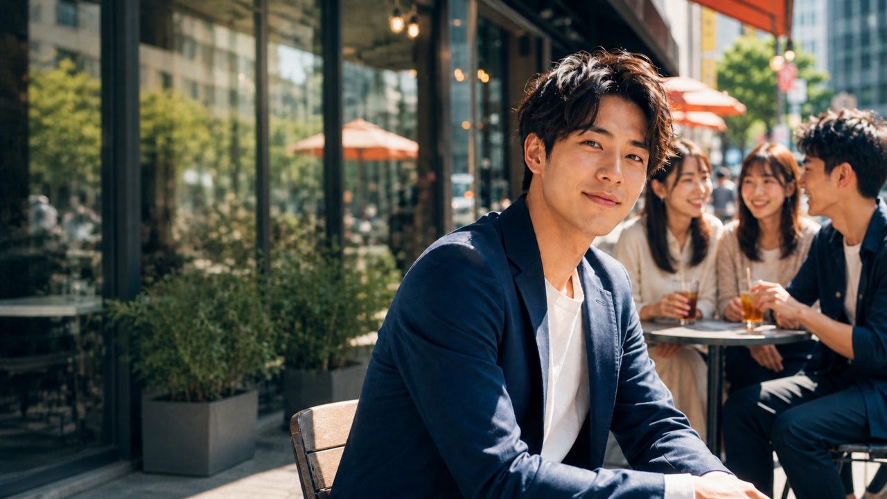 清潔感のある男性とカフェで会話を楽しむ男女