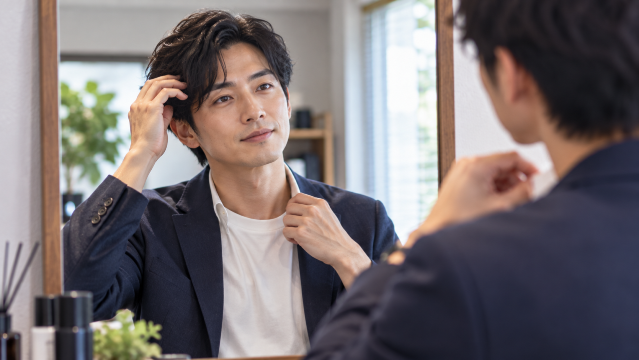 身なりを整える30代男性
