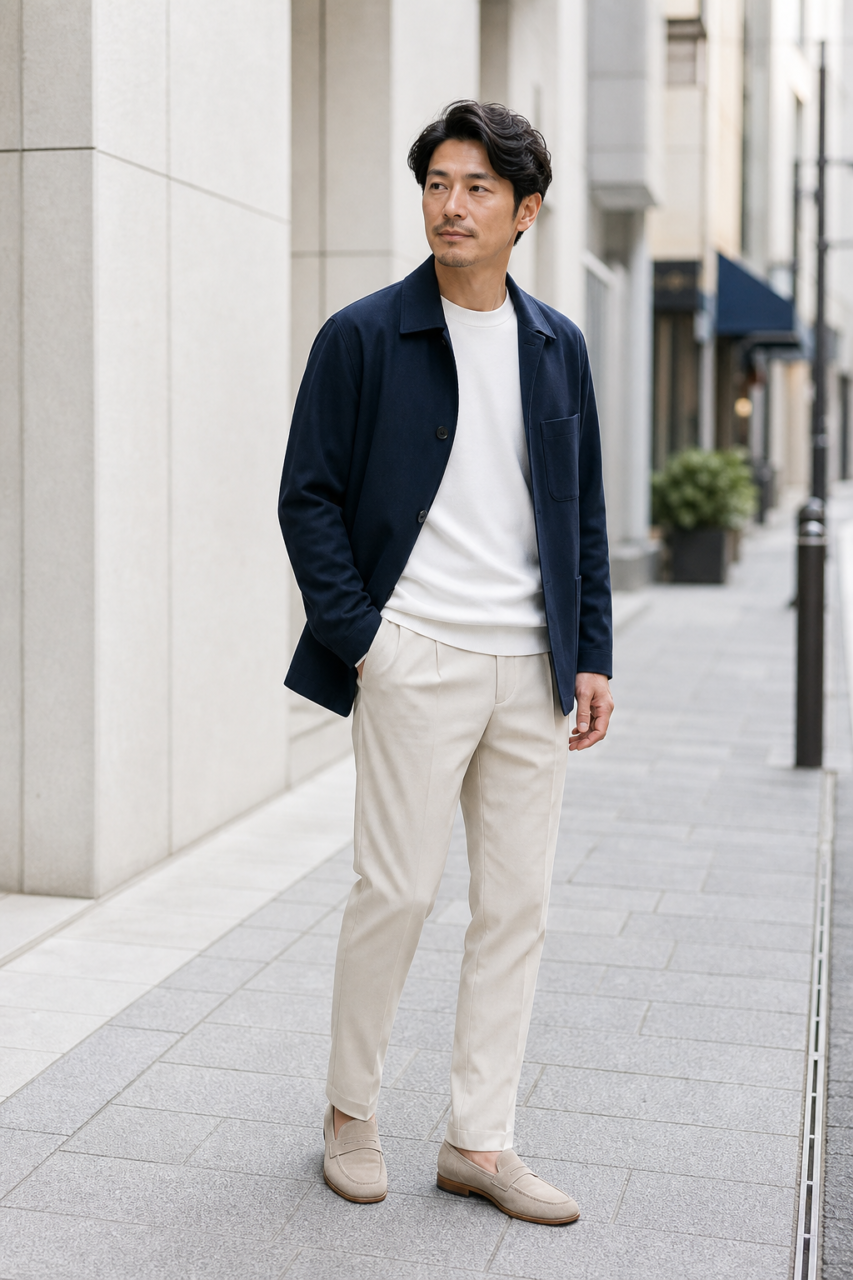 ベーシックカラーでまとめたコーデの男性