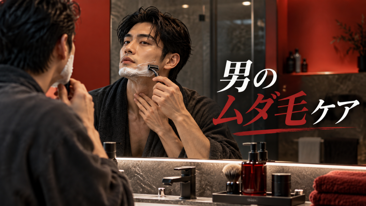 清潔感のある男性が洗面台の前でヒゲのシェービングをしているシーン