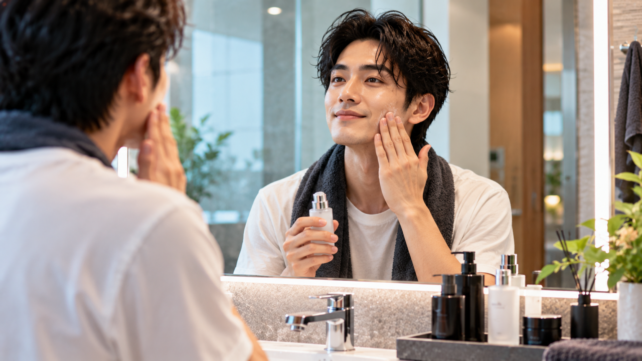 男性がシェービング後に洗顔・保湿スキンケアをしているシーン