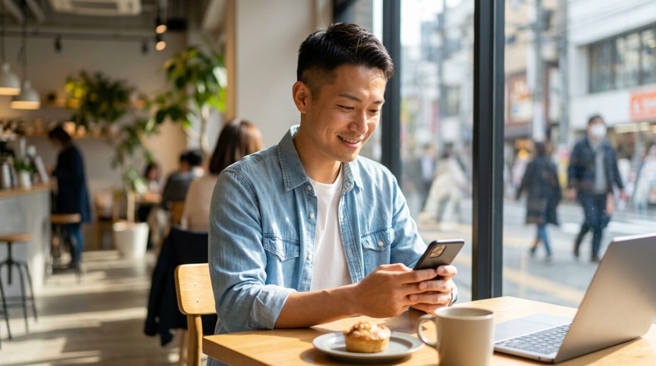 落ち着いた気持ちでLINEを送る男性