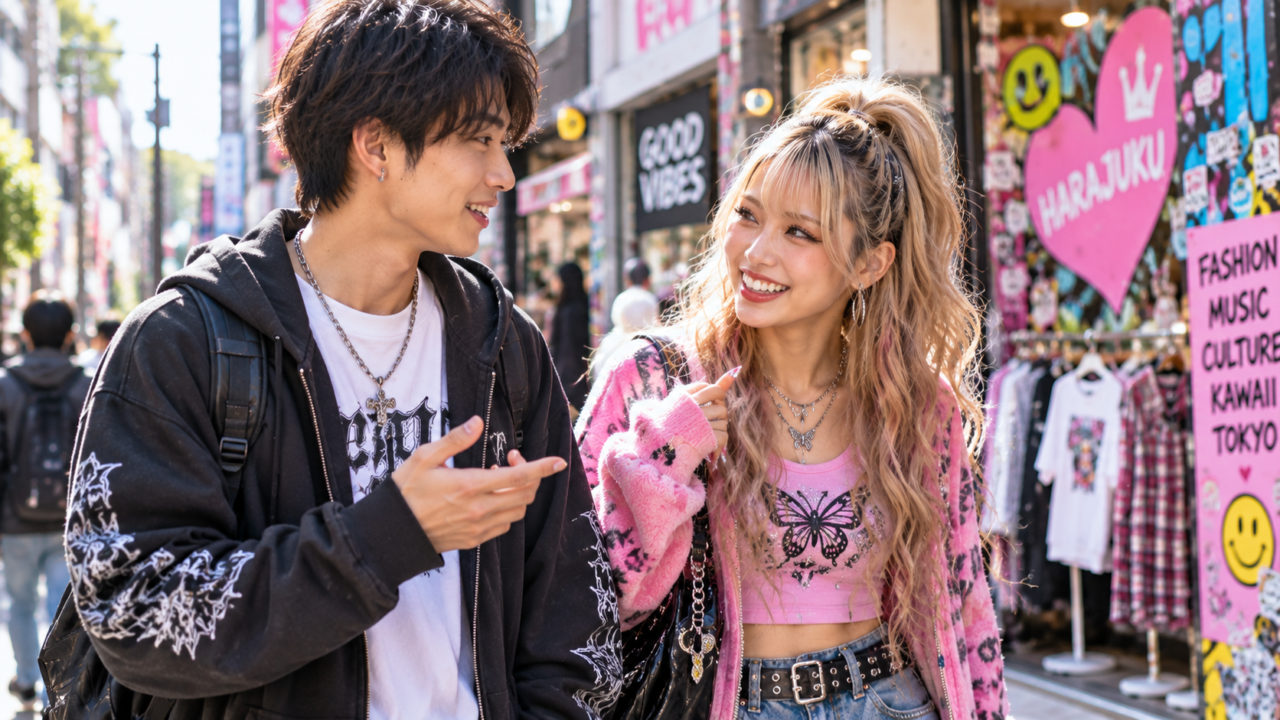 イケイケ系の男女が街で自然に会話をする様子
