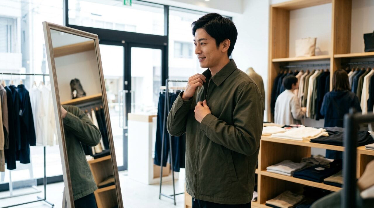 サイズ感を鏡で確認する男性