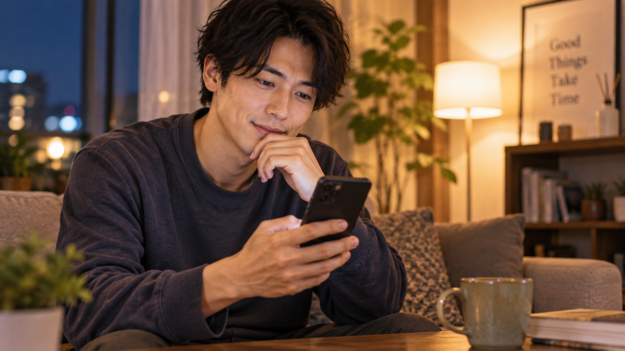 LINEのやり取りを見て気持ちを確認する男性