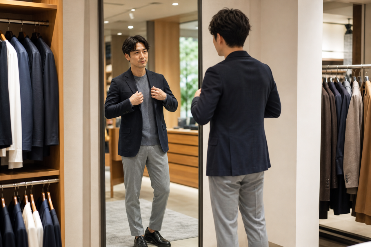 鏡でサイズ感を確認する男性