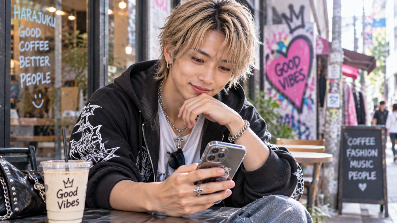イケイケ系ファッションの男性がSNSで自然に距離を縮める様子