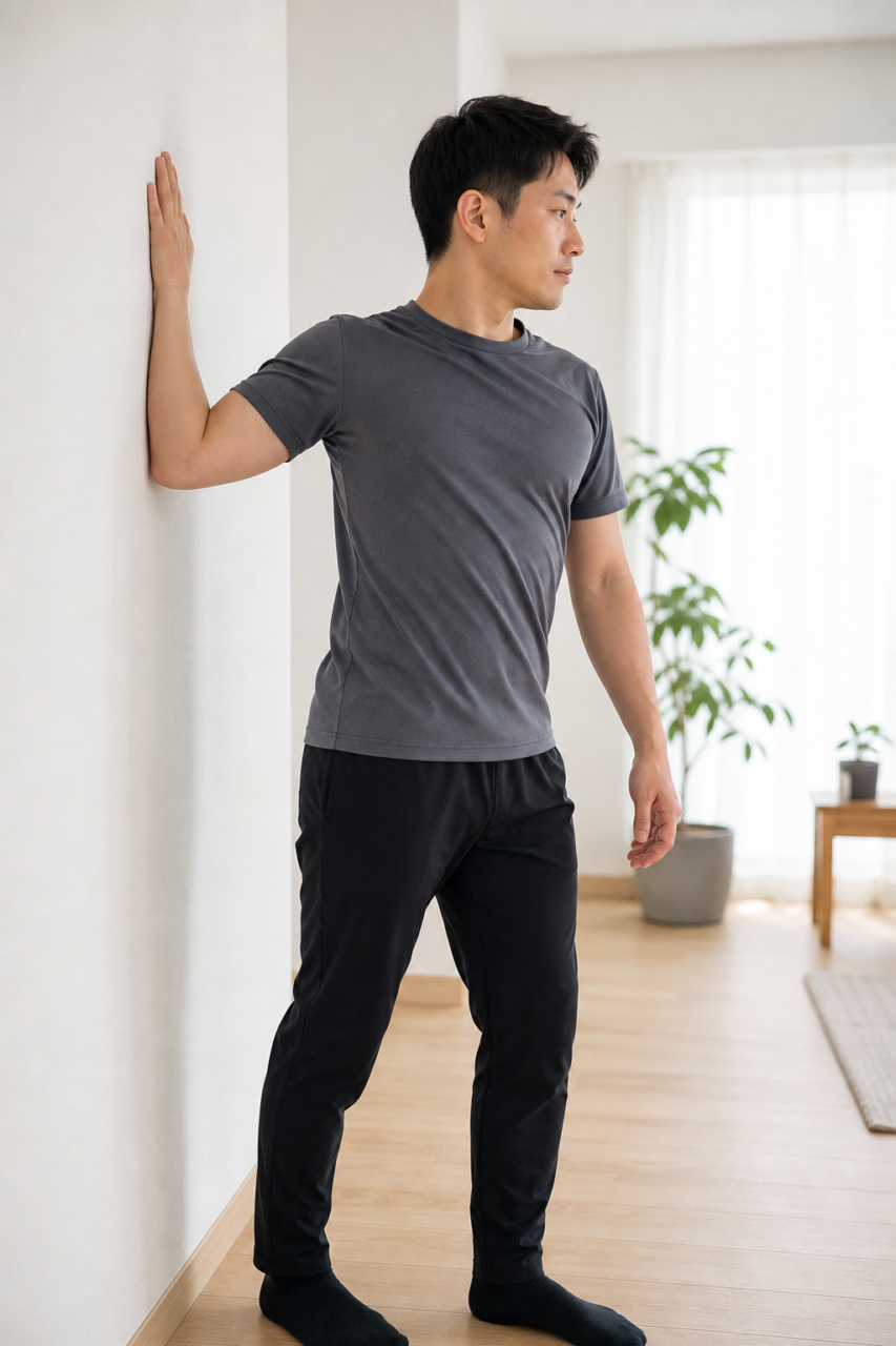 胸を開くストレッチをする男性