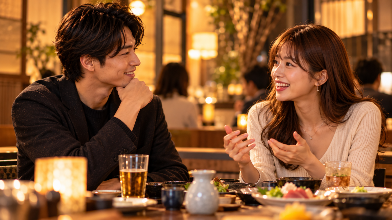 楽しく会話しながら自然に褒め合うカップルのシーン