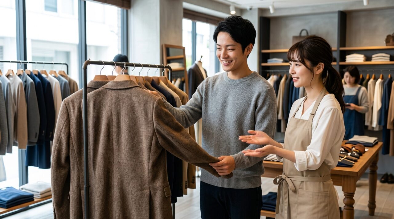 店員にコーデを相談する男性
