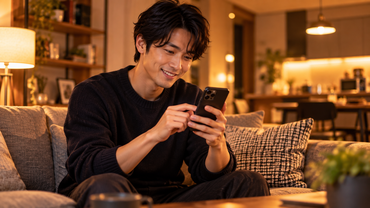 デート後に帰宅してすぐLINEを送る男性のシーン