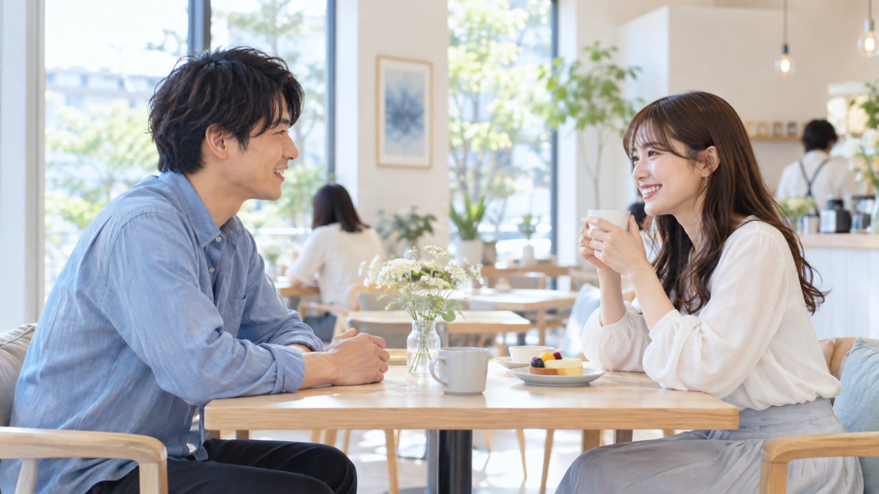 明るいカフェで適切な距離を保ち会話する成人男女