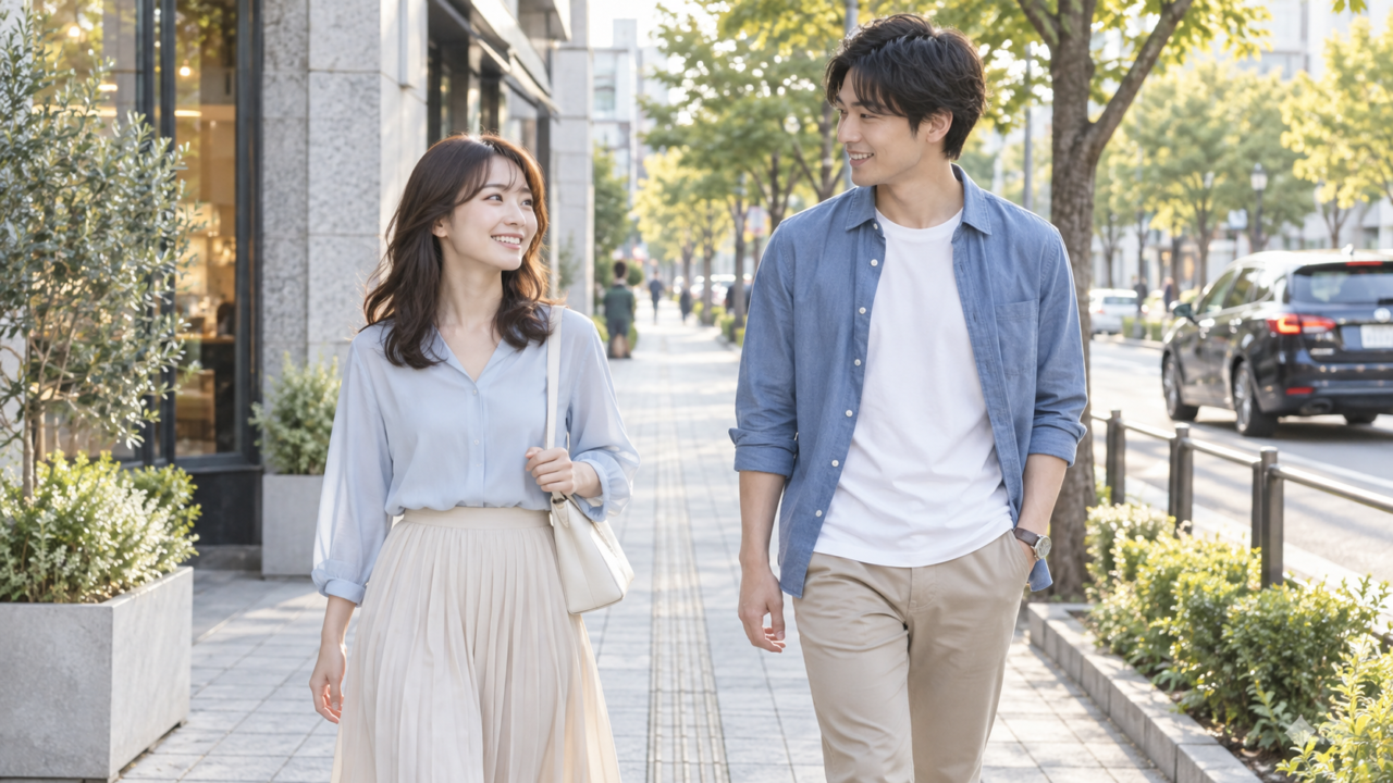 歩幅と距離を合わせて街を歩く成人男女
