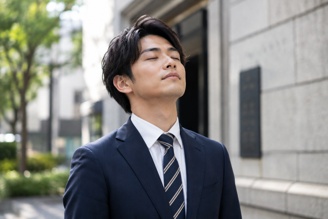 会話の前に深呼吸で気持ちを落ち着ける男性