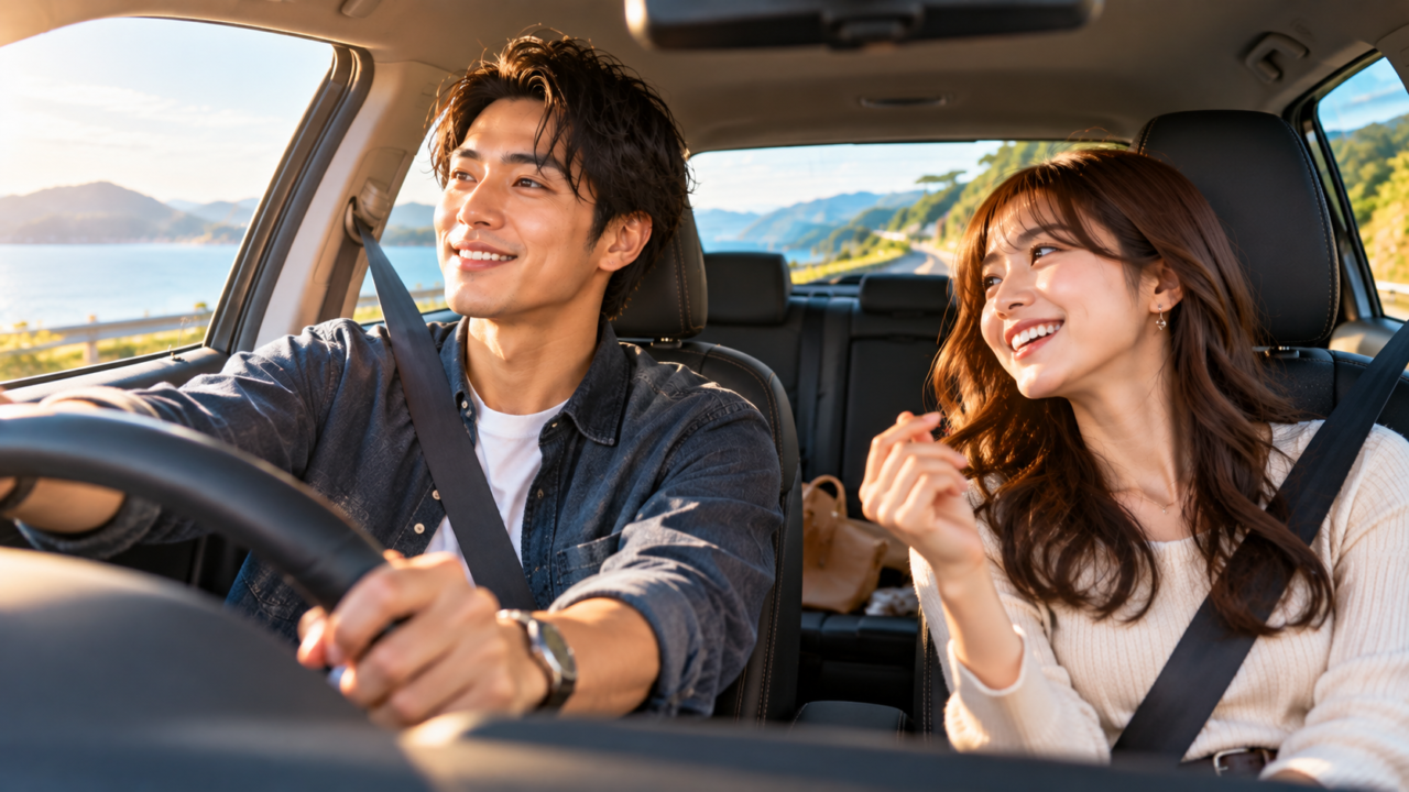 ドライブ中に自然に会話を楽しんでいるカップルのシーン