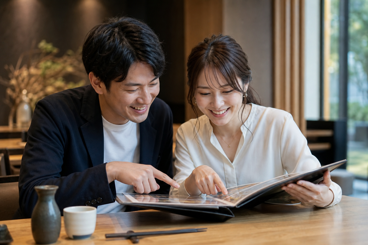 目の前のものを話題に会話を広げる男女