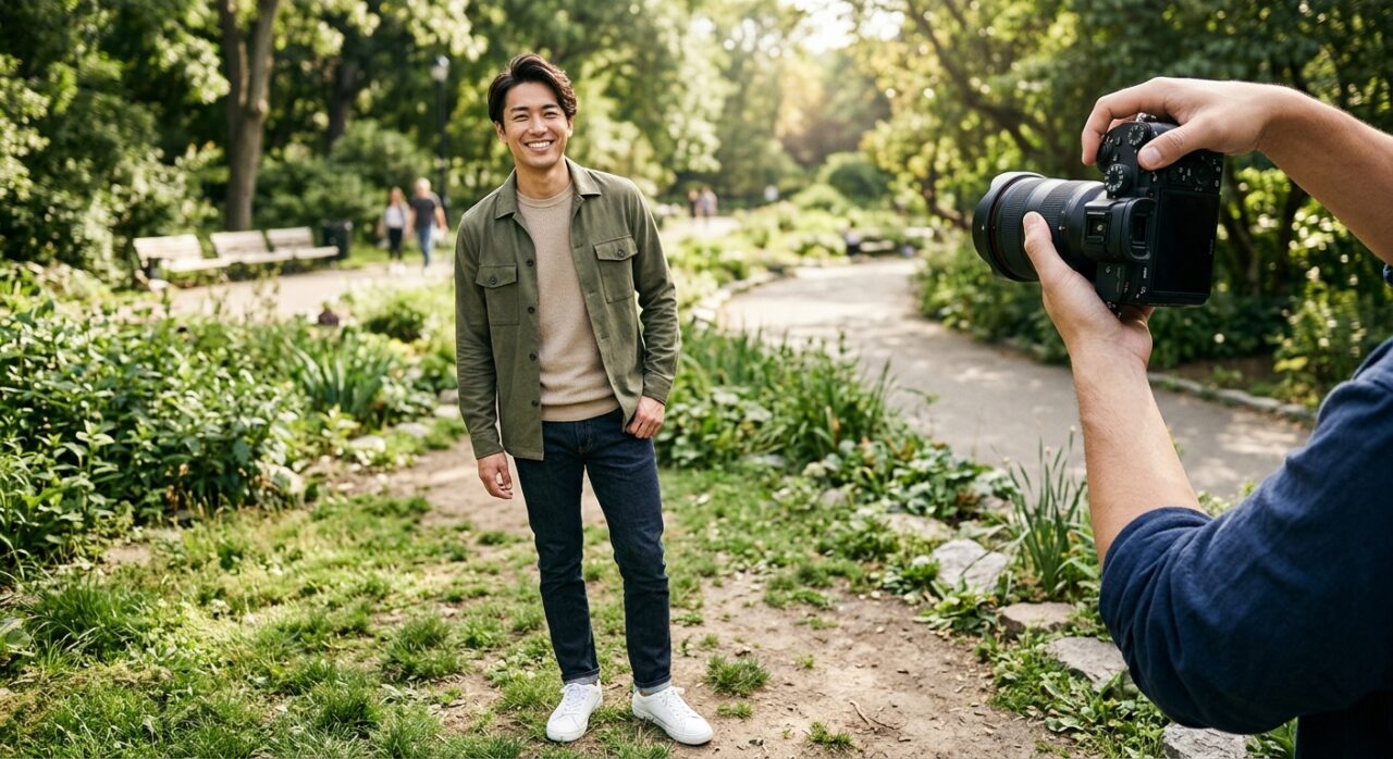 友人に自然な写真を撮ってもらう男性