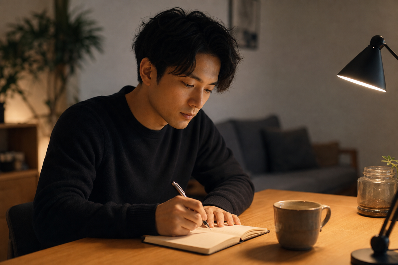 今日できたことをノートに記録する男性
