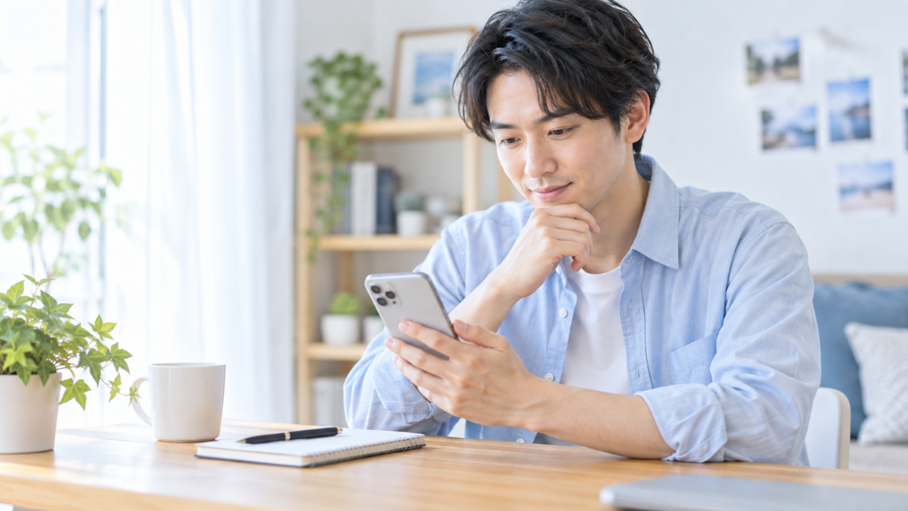 スマートフォンでプロフィール自己紹介文を見直す成人男性