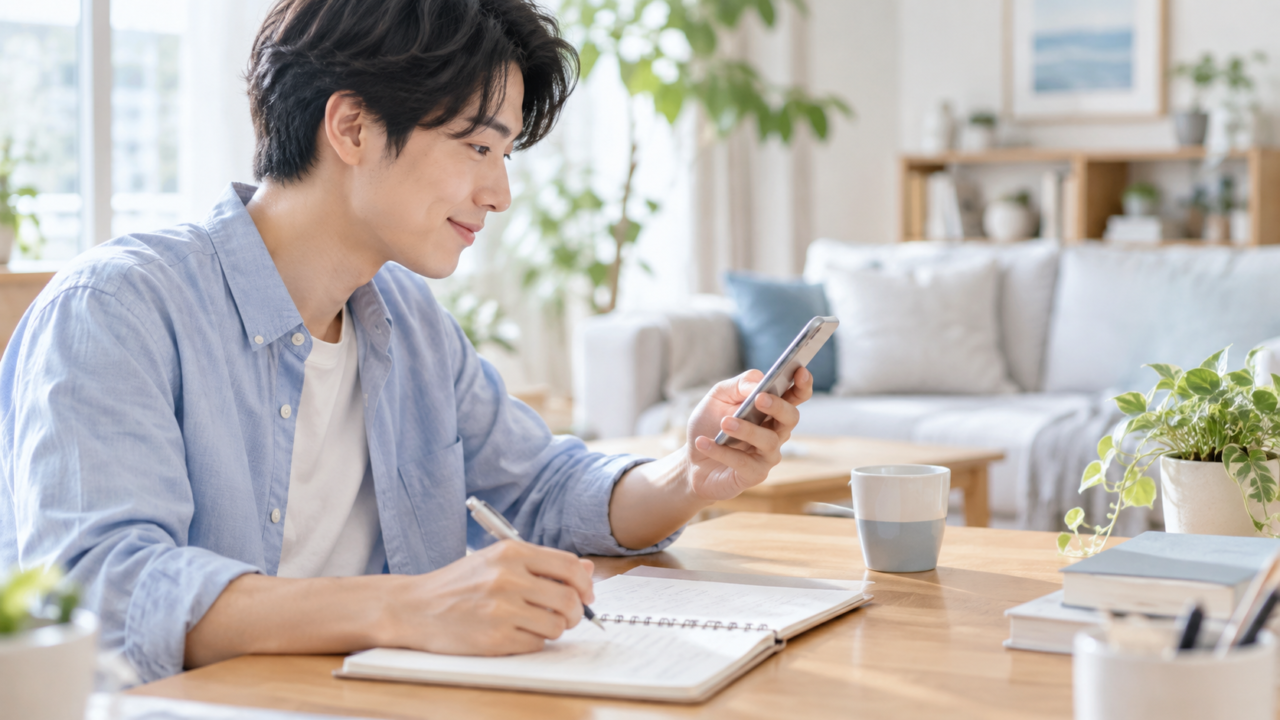 趣味や休日をノートに整理して自己紹介文を作る成人男性
