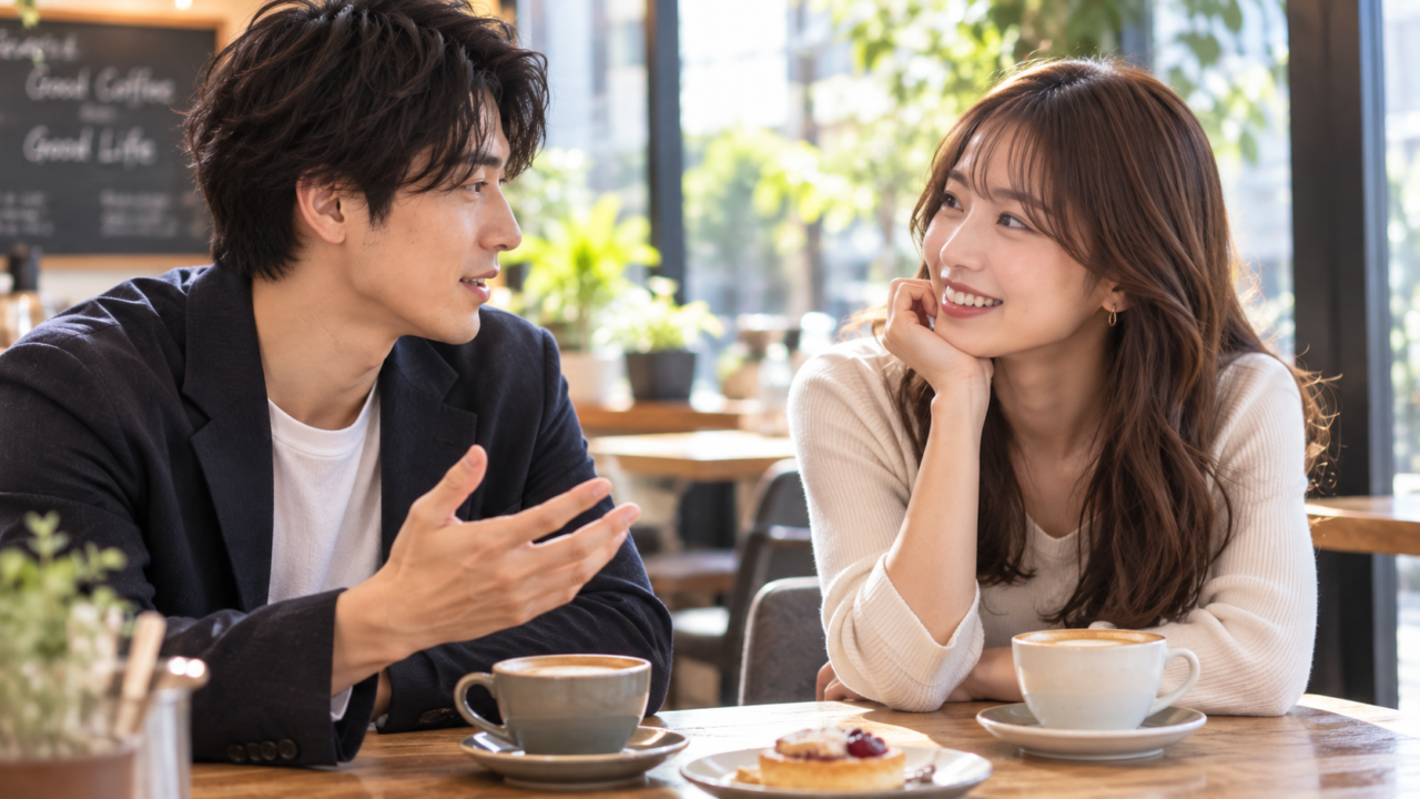 カフェで自然に会話をする男女