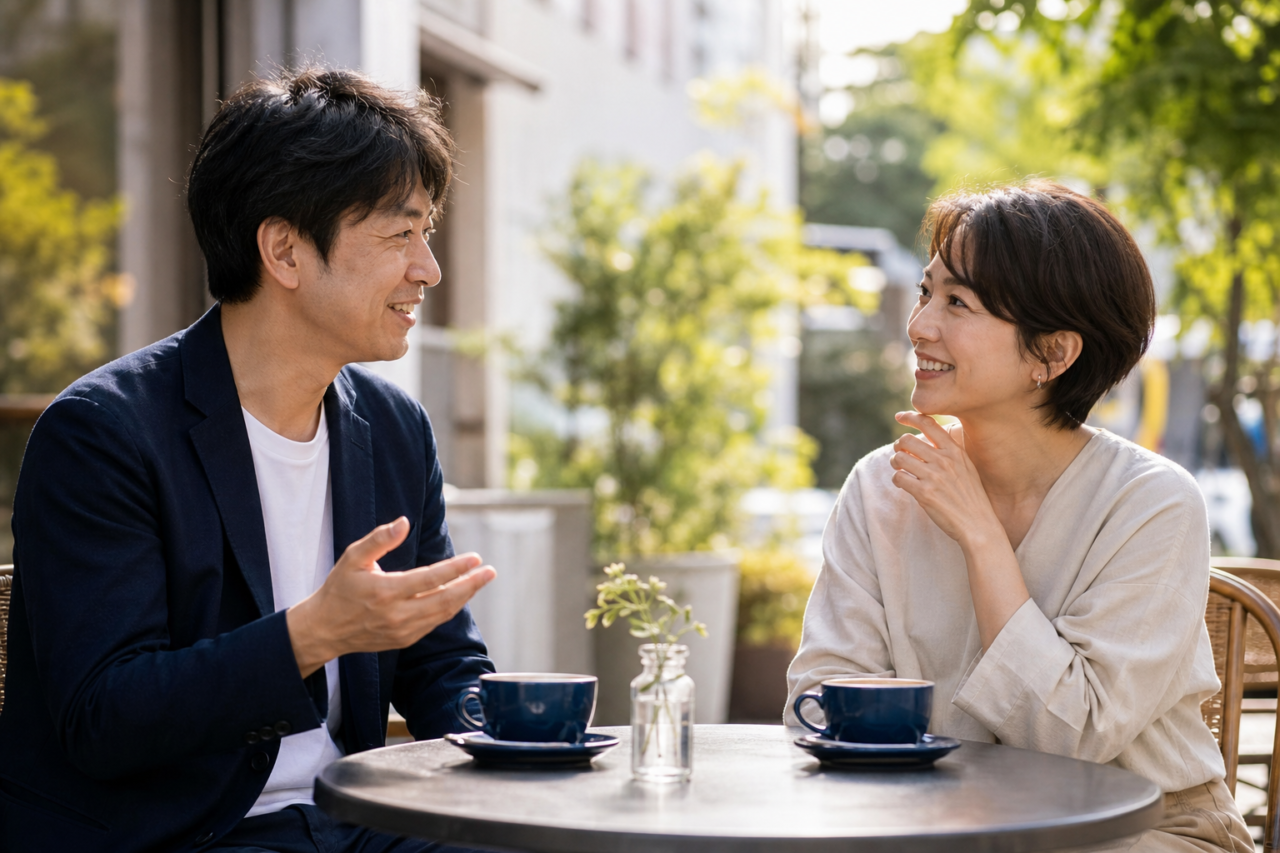 沈黙を気にせず自然に会話が続いている男女