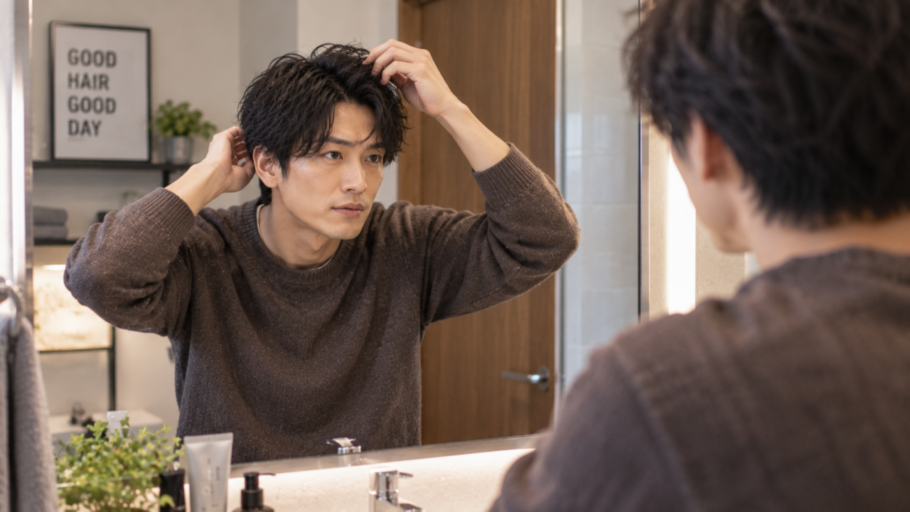 ナチュラルな秋冬ヘアスタイルを整える男性