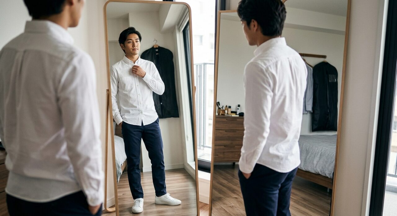 清潔感のある服装を鏡で確認する男性