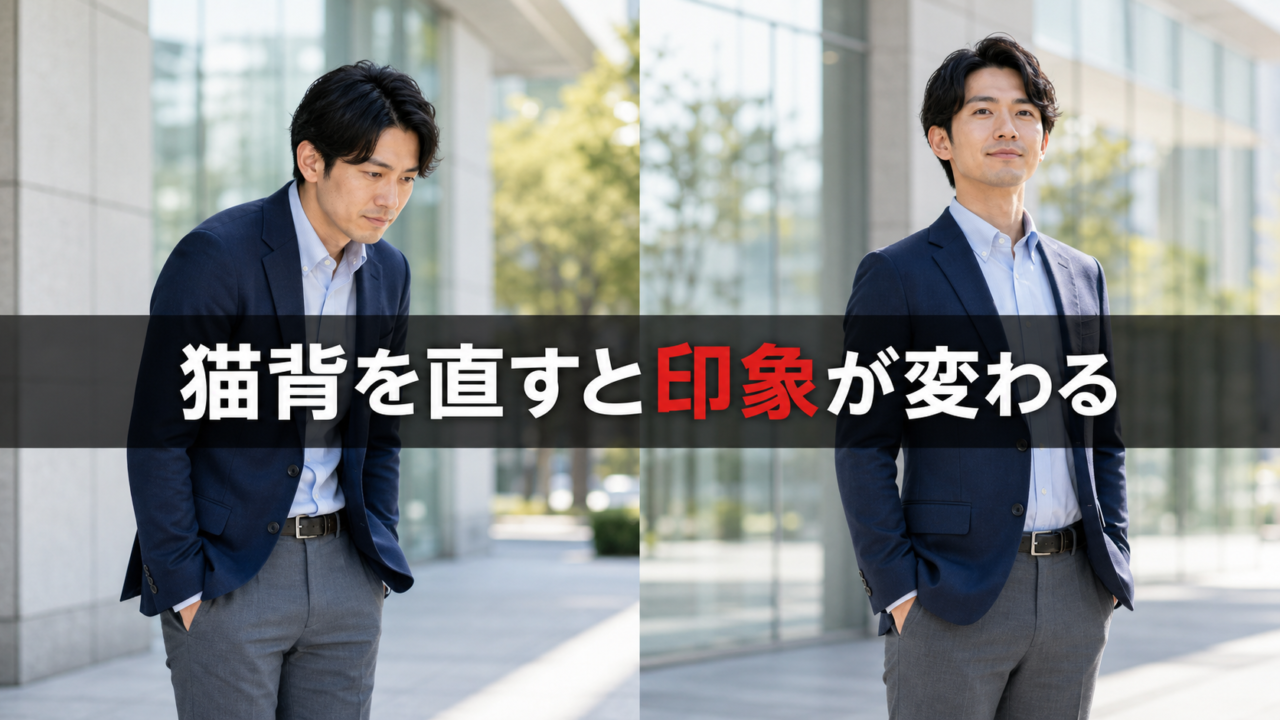 姿勢を正して自信のある印象になった男性