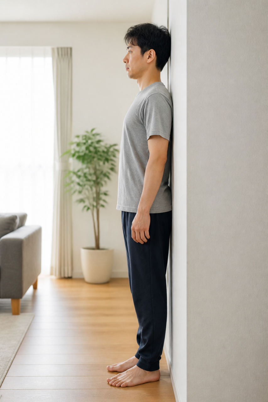 壁を使って姿勢をセルフチェックする男性