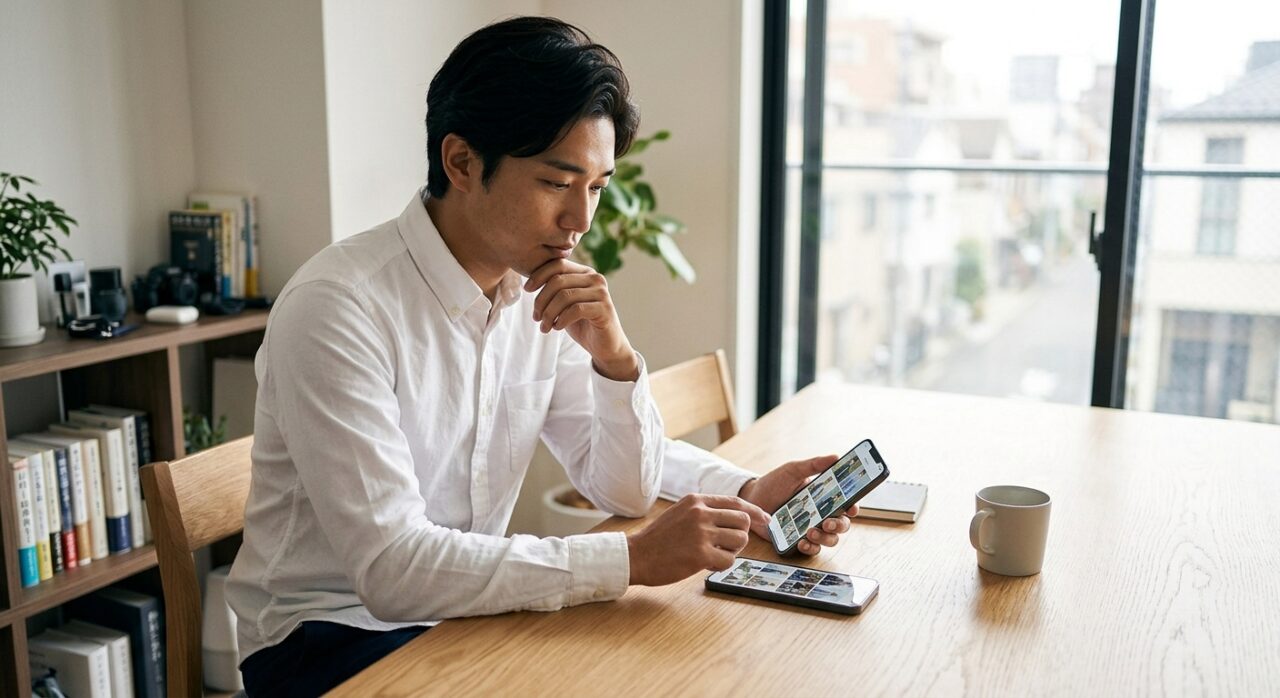 撮影した写真の中から最適な1枚を選ぶ男性