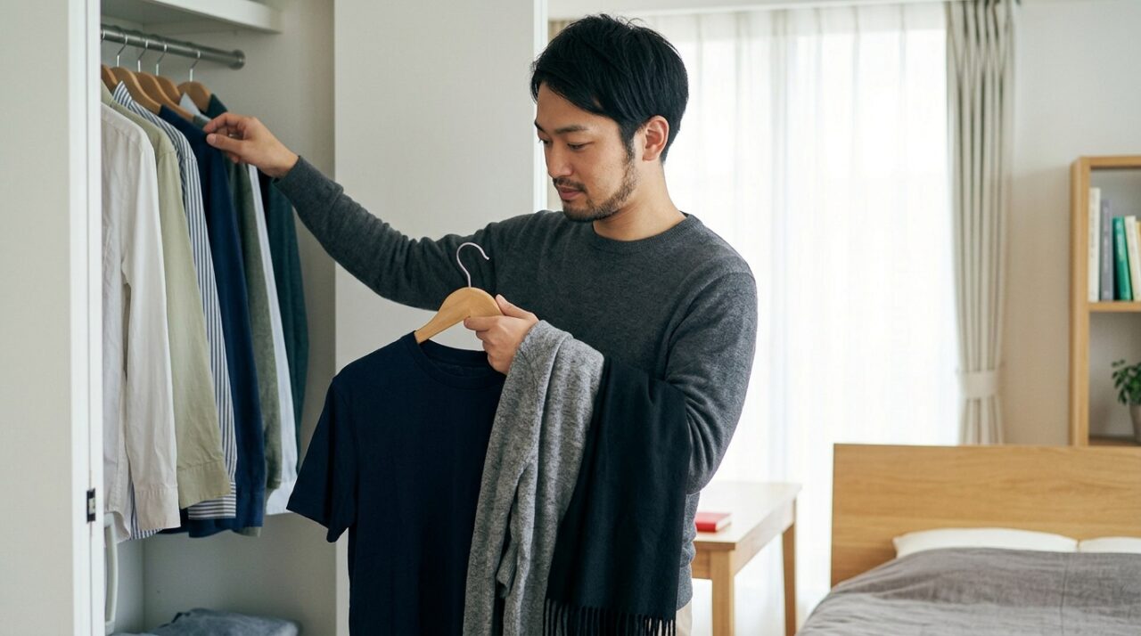 服の量を見直してクローゼットを整理する男性