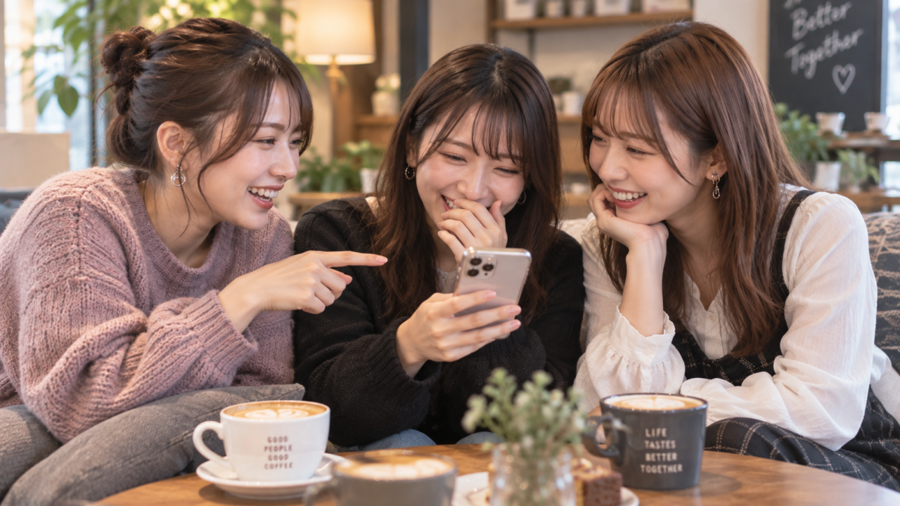 LINEについて話しながら盛り上がる3人の女性