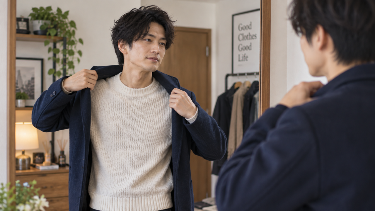 羽織りものを着用する男性