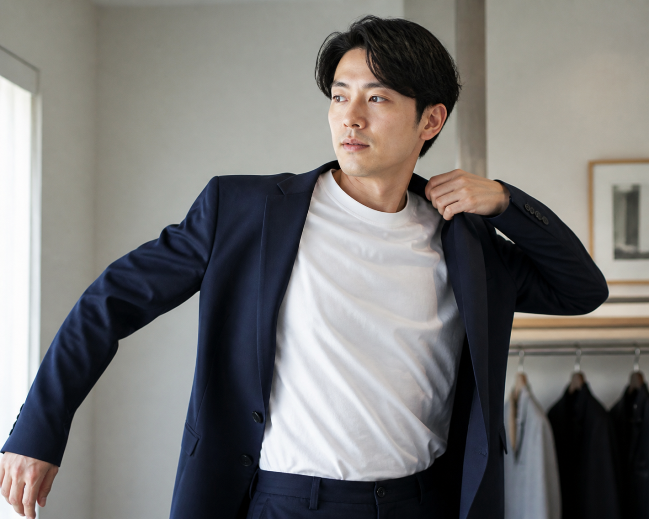 体型をカバーするジャケットを着る男性